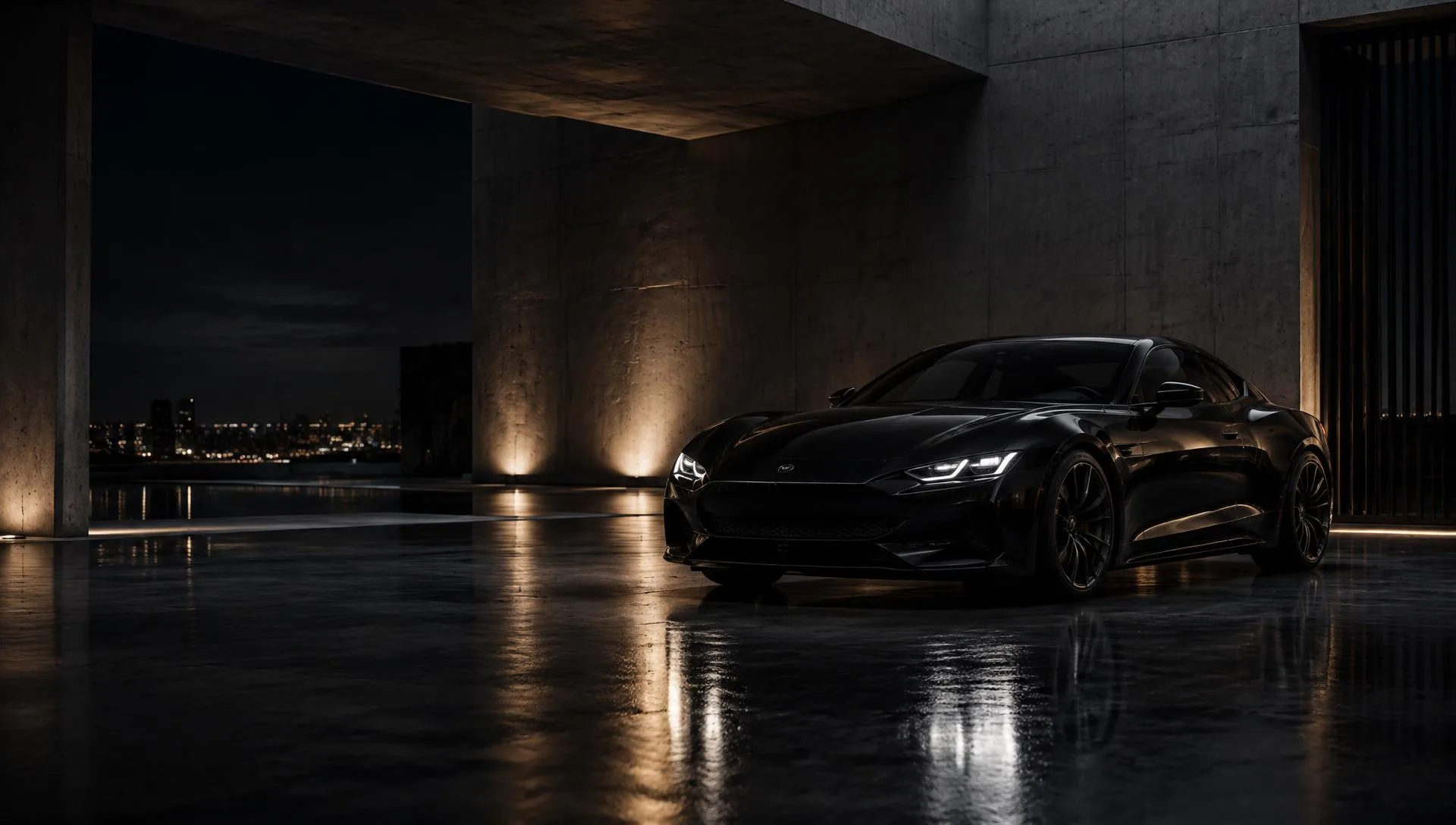 Coupé sportif noir dans un environnement architectural sombre